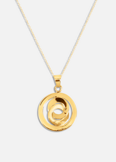 Gold necklace with a spiral pendant on a white background
