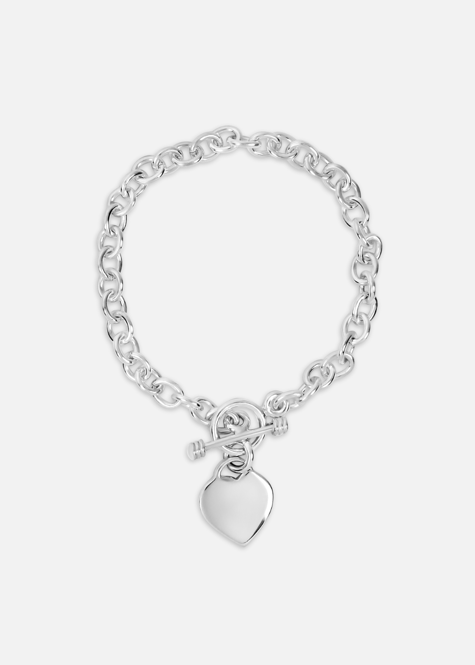 A silver bracelet with an oval link chain and a heart-shaped charm pendant, displayed against a white background.