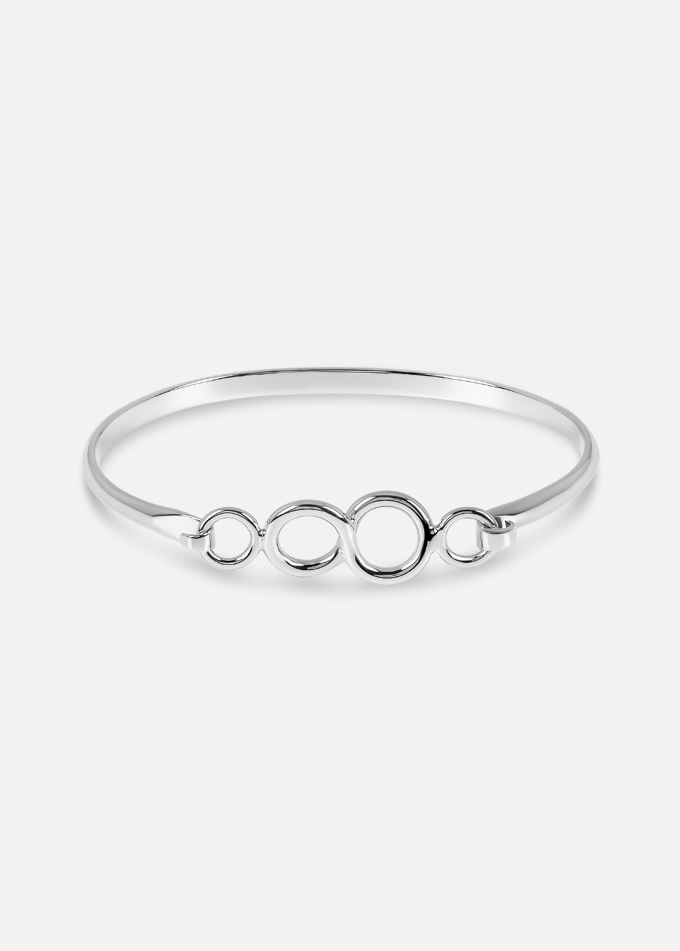 Silver bracelet with interlocking rings on a white background