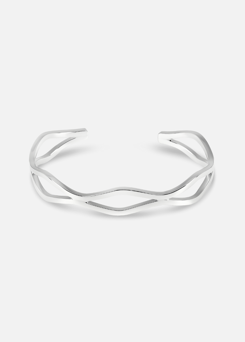 Silver bracelet with a branch-like design on a white background