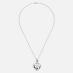 Silver heart-shaped pendant necklace on a white background