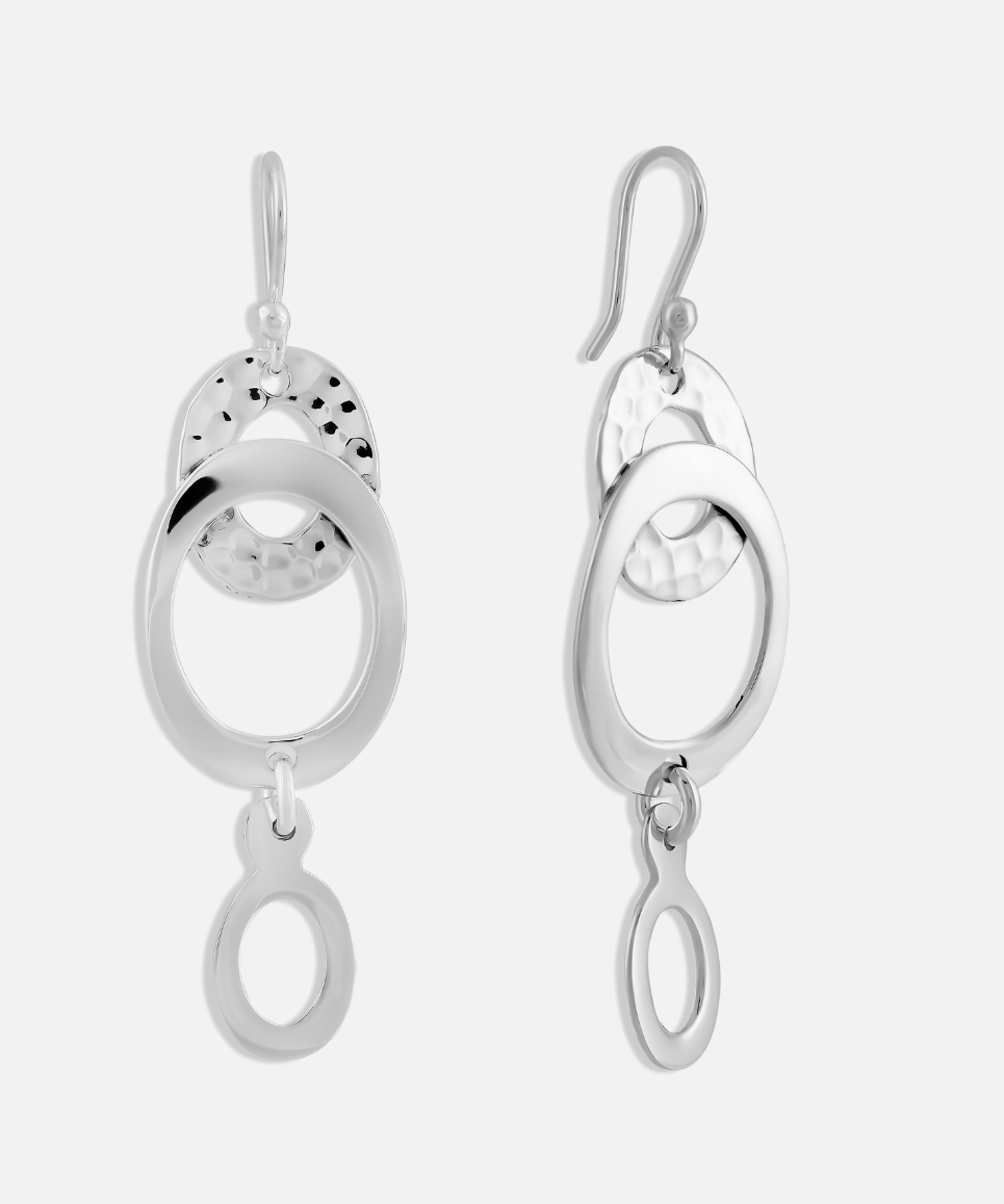 A pair of silver, hammered linked oval earrings on a white background.