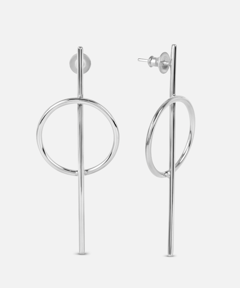 A pair of silver stud earrings featuring a circle connected to a bar by a small loop, dangling from a post.