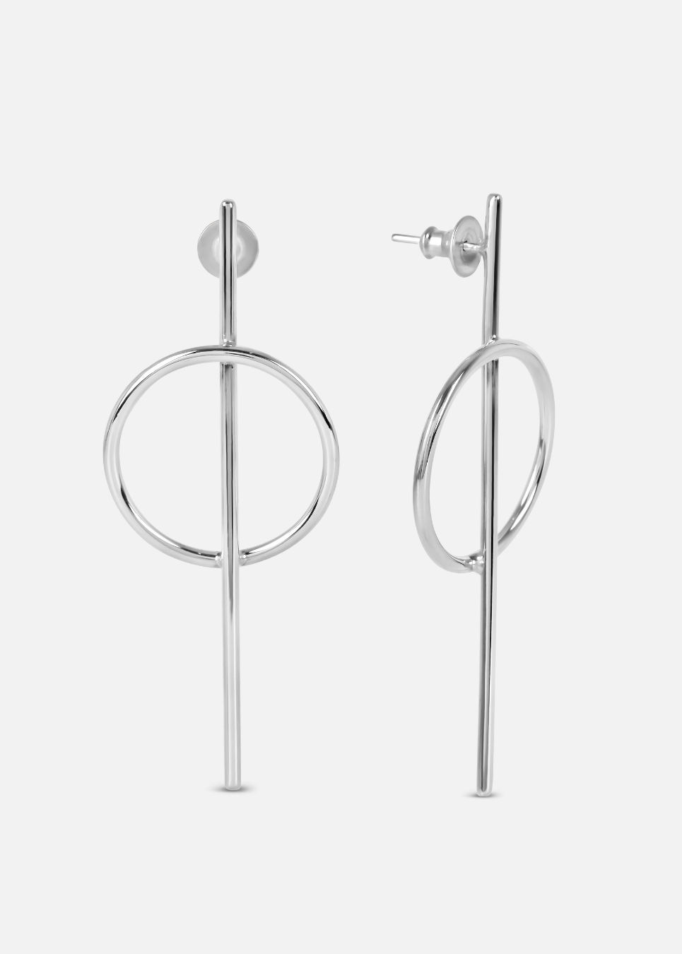 A pair of silver stud earrings featuring a circle connected to a bar by a small loop, dangling from a post.