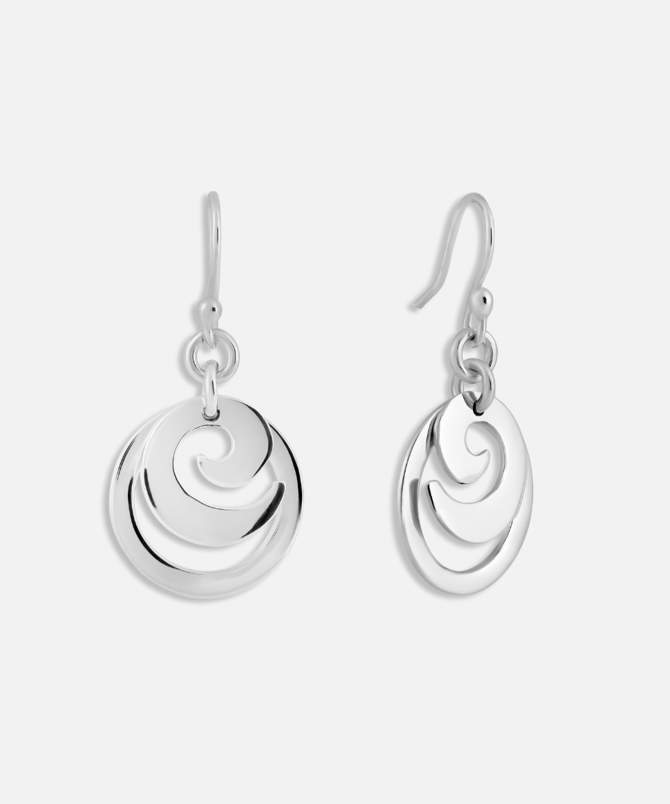 A pair of silver spiral circle drop earrings attached to ear wires, displayed against a white background.