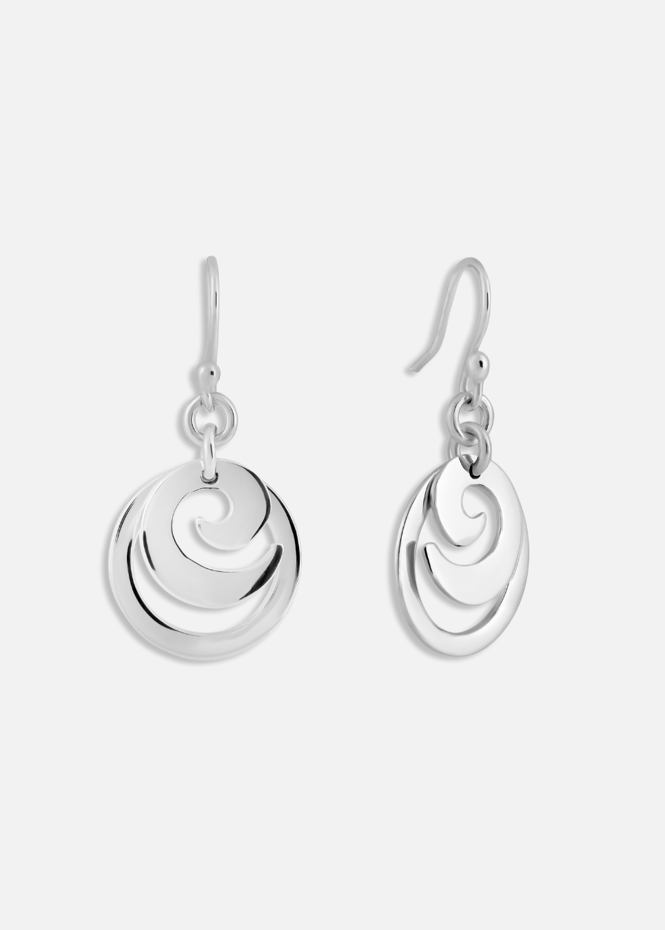 A pair of silver spiral circle drop earrings attached to ear wires, displayed against a white background.