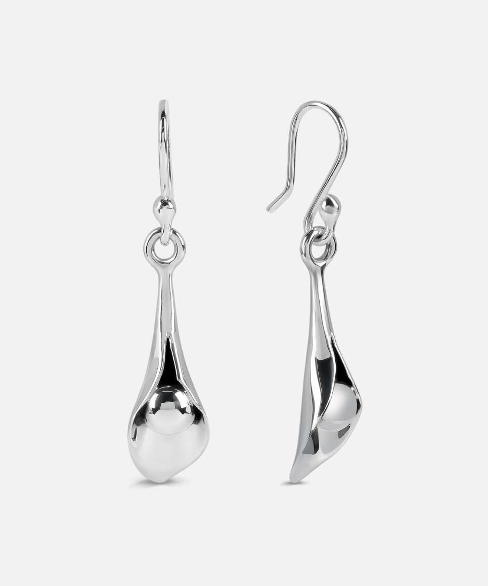 Pair of silver drop earrings on a white background