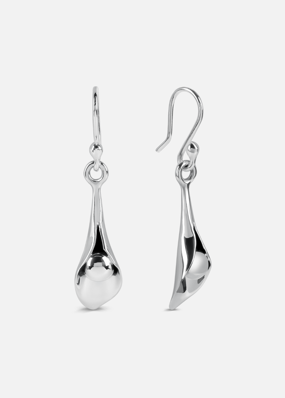 Pair of silver drop earrings on a white background