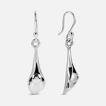 Pair of silver drop earrings on a white background
