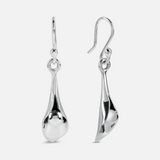 Pair of silver drop earrings on a white background
