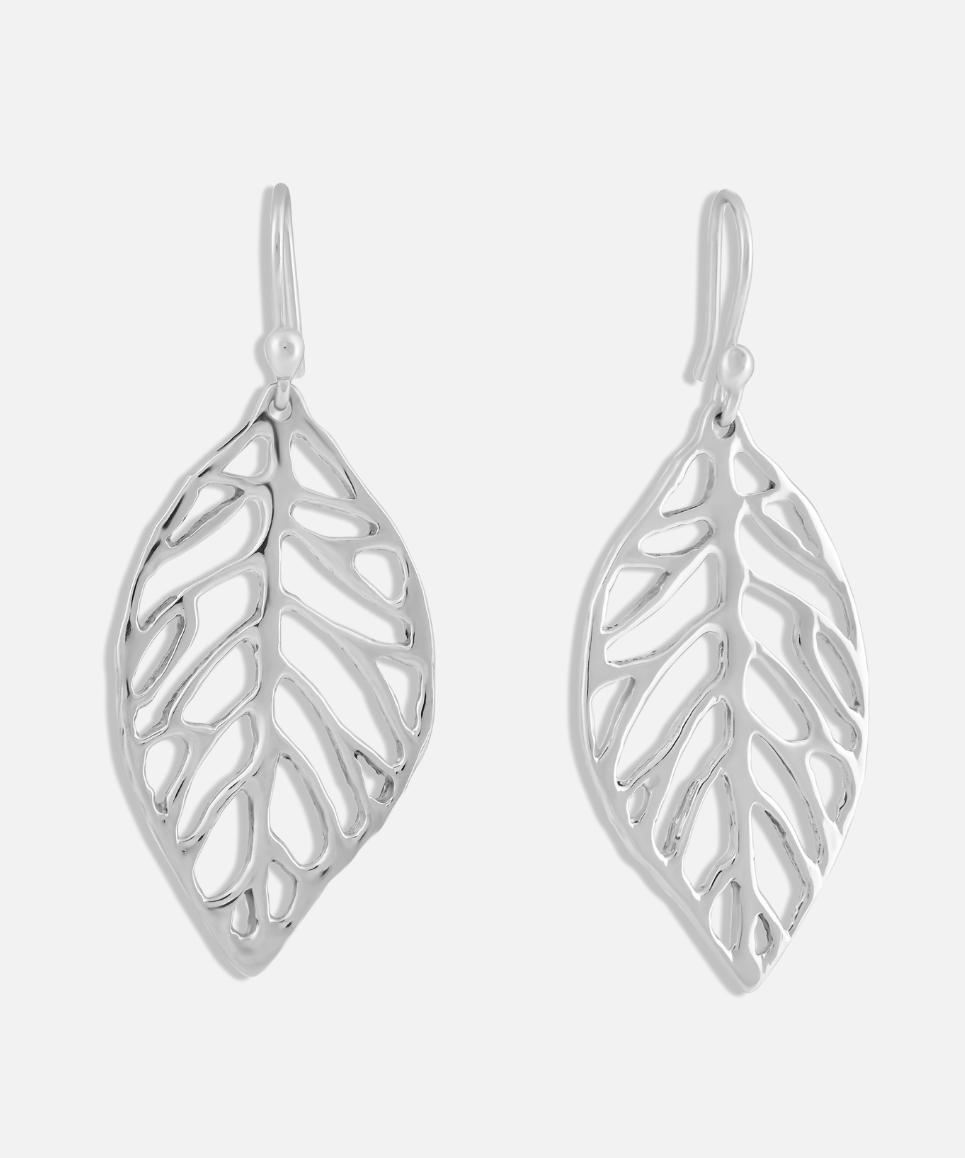 Silver leaf-shaped earrings on a white background