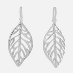 Silver leaf-shaped earrings on a white background