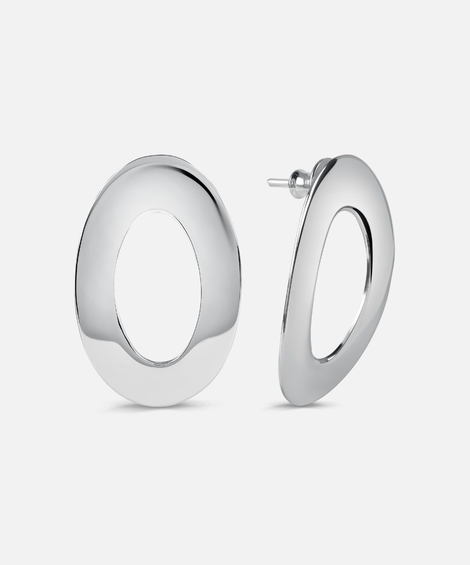 Pair of silver hoop earrings on a light gray background