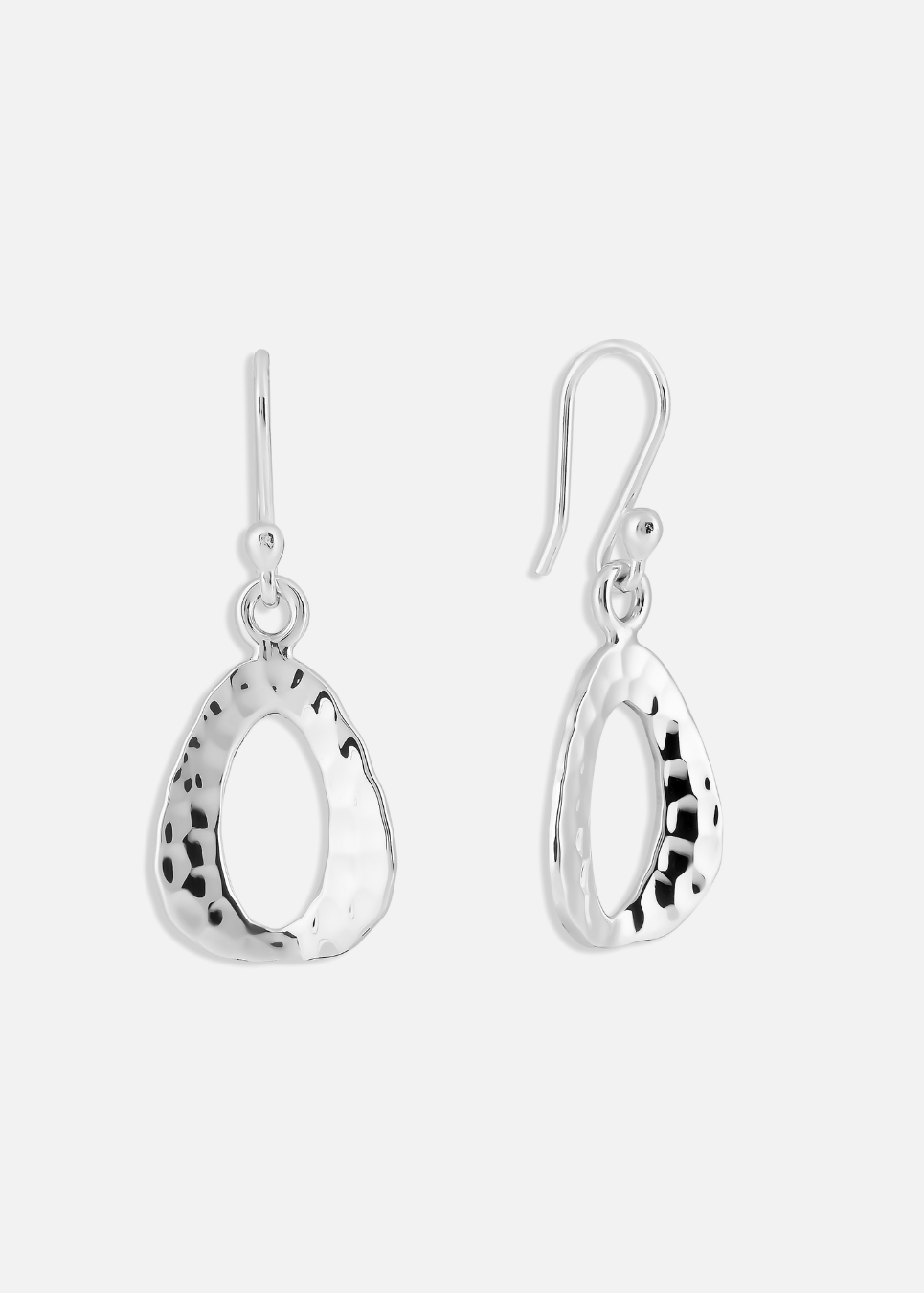 A pair of textured triangle drop earrings made with hammered sterling silver, with hoop ear fixings.