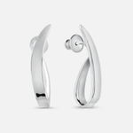 A pair of polished silver huggie hoop earrings with a modern, fluid curved design, shown from both front and side angles on a light gray background.