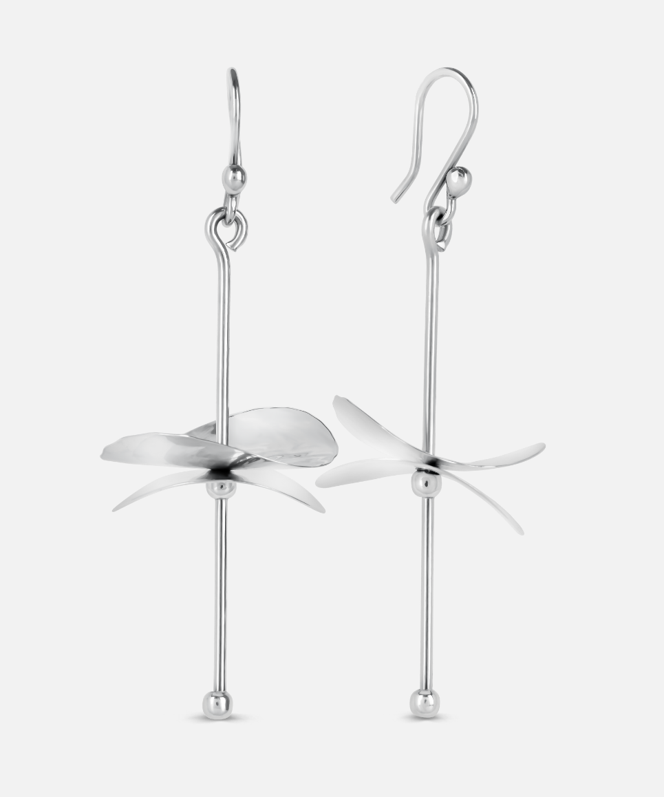 A pair of silver earrings designed to resemble cymbals, with a loop at one end for wearing and a longer hanging silver structure with a flat, disc-like shape at the bottom, against a white background.