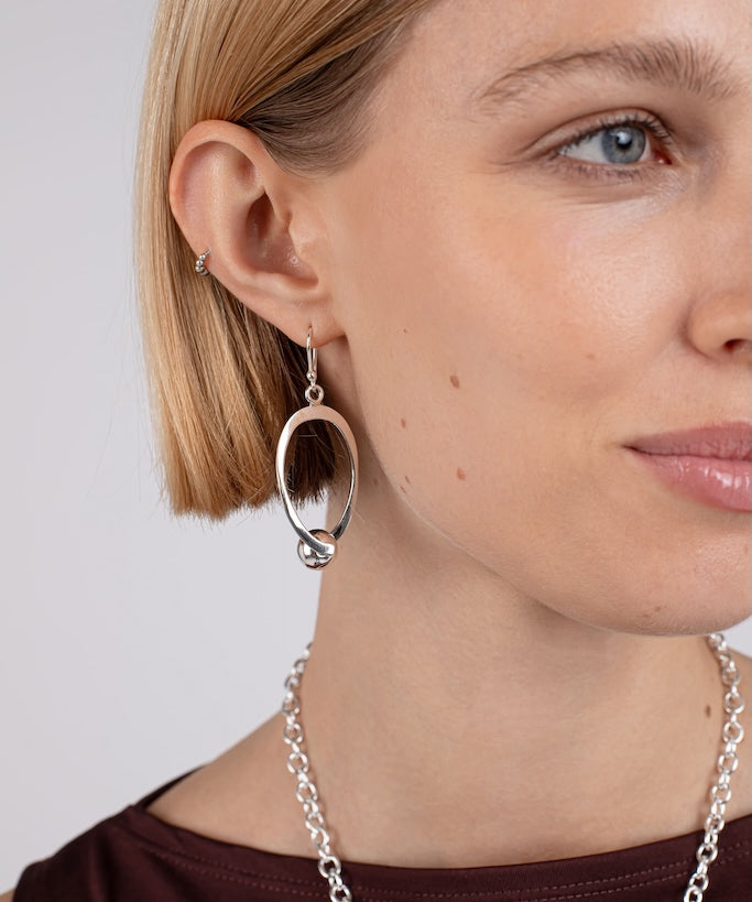 Oval and Ball Drop Earrings in Sterling Silver