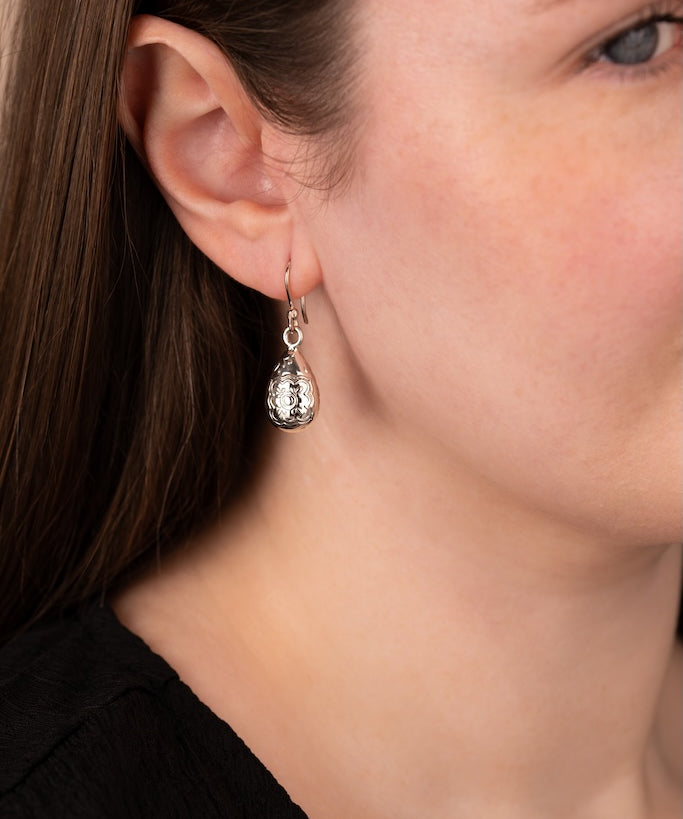 Teardrop with Floral Design Earrings in Sterling Silver