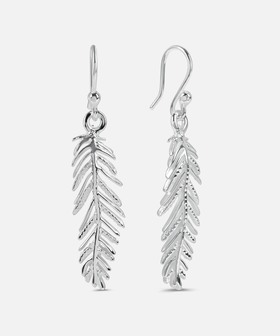 Silver feather-shaped earrings on a white background
