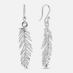 Silver feather-shaped earrings on a white background