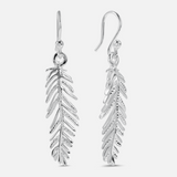Silver feather-shaped earrings on a white background