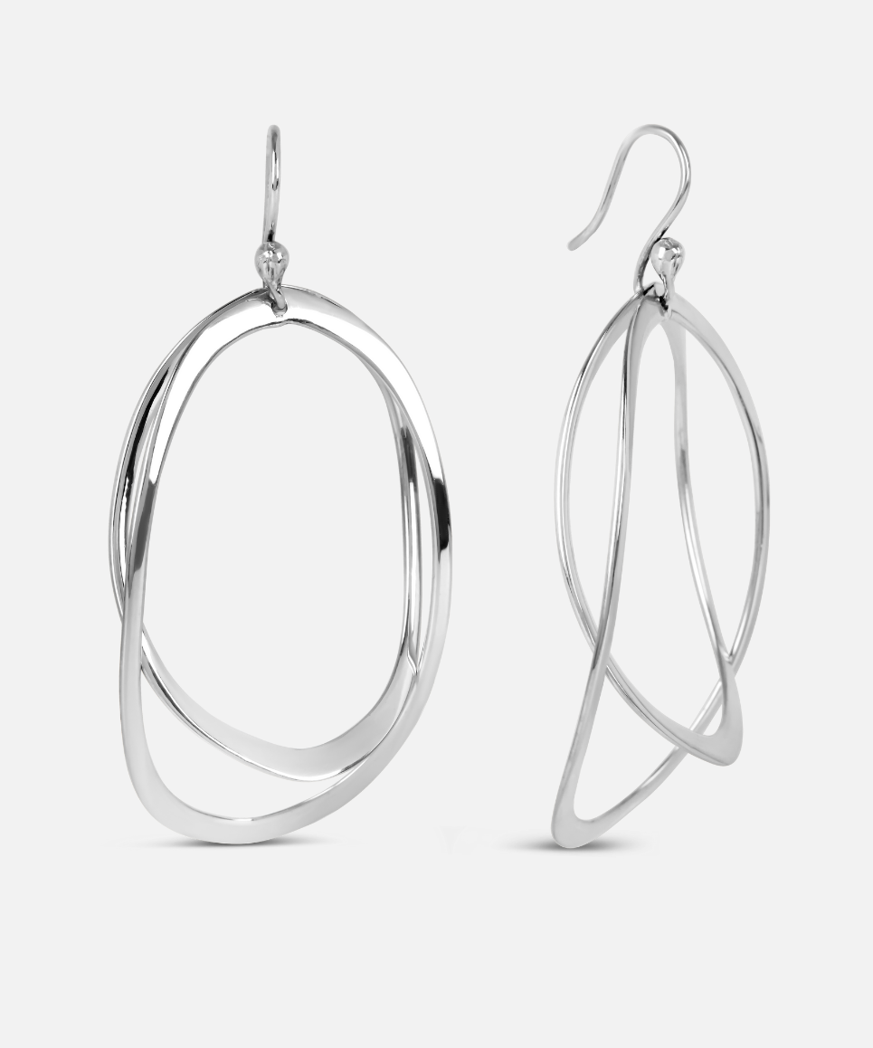 Pair of silver hoop earrings on a white background