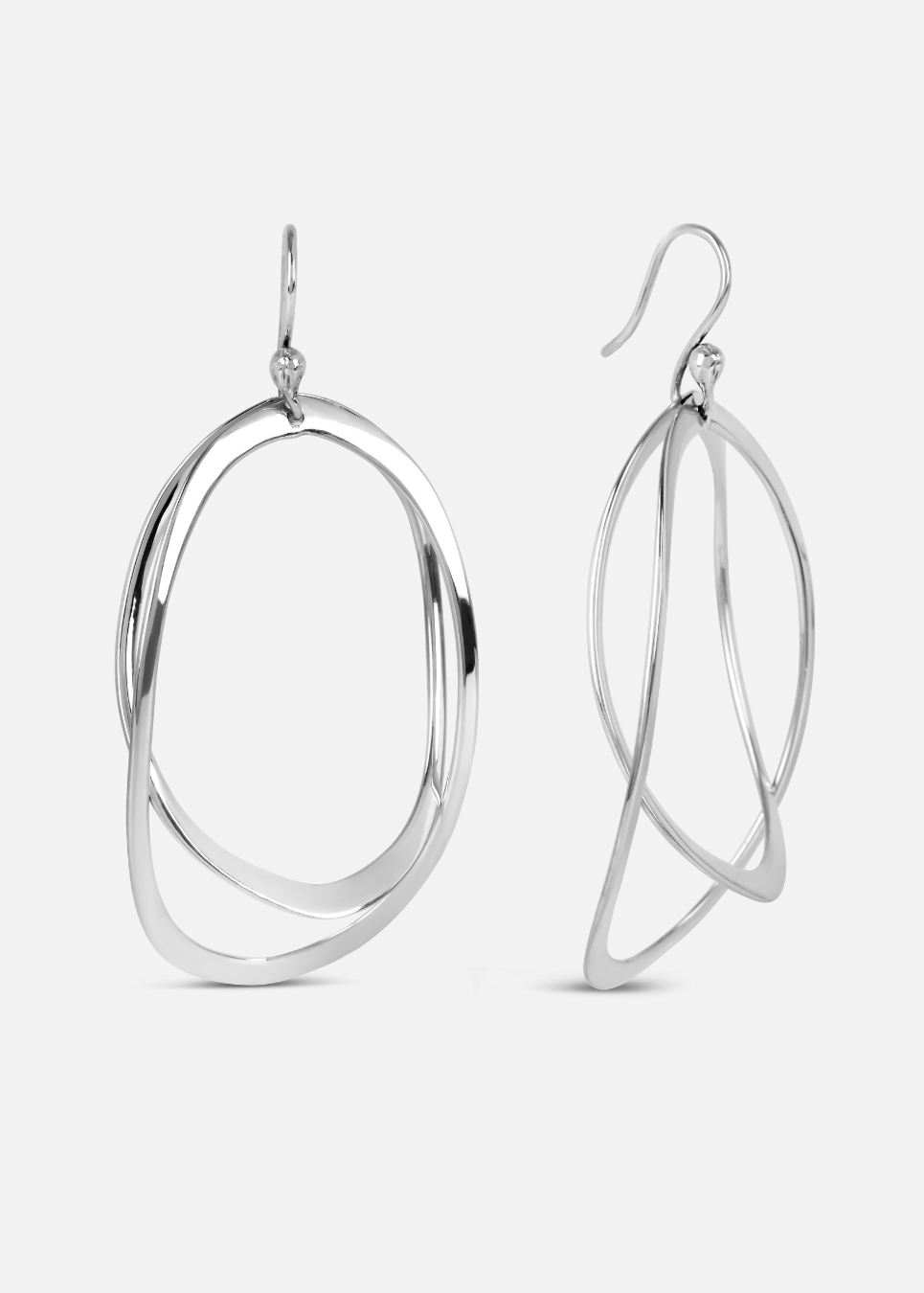 Pair of silver hoop earrings on a white background