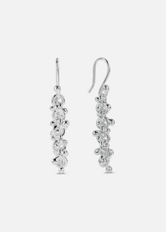 A pair of silver cluster ball dangly earrings on a white background.