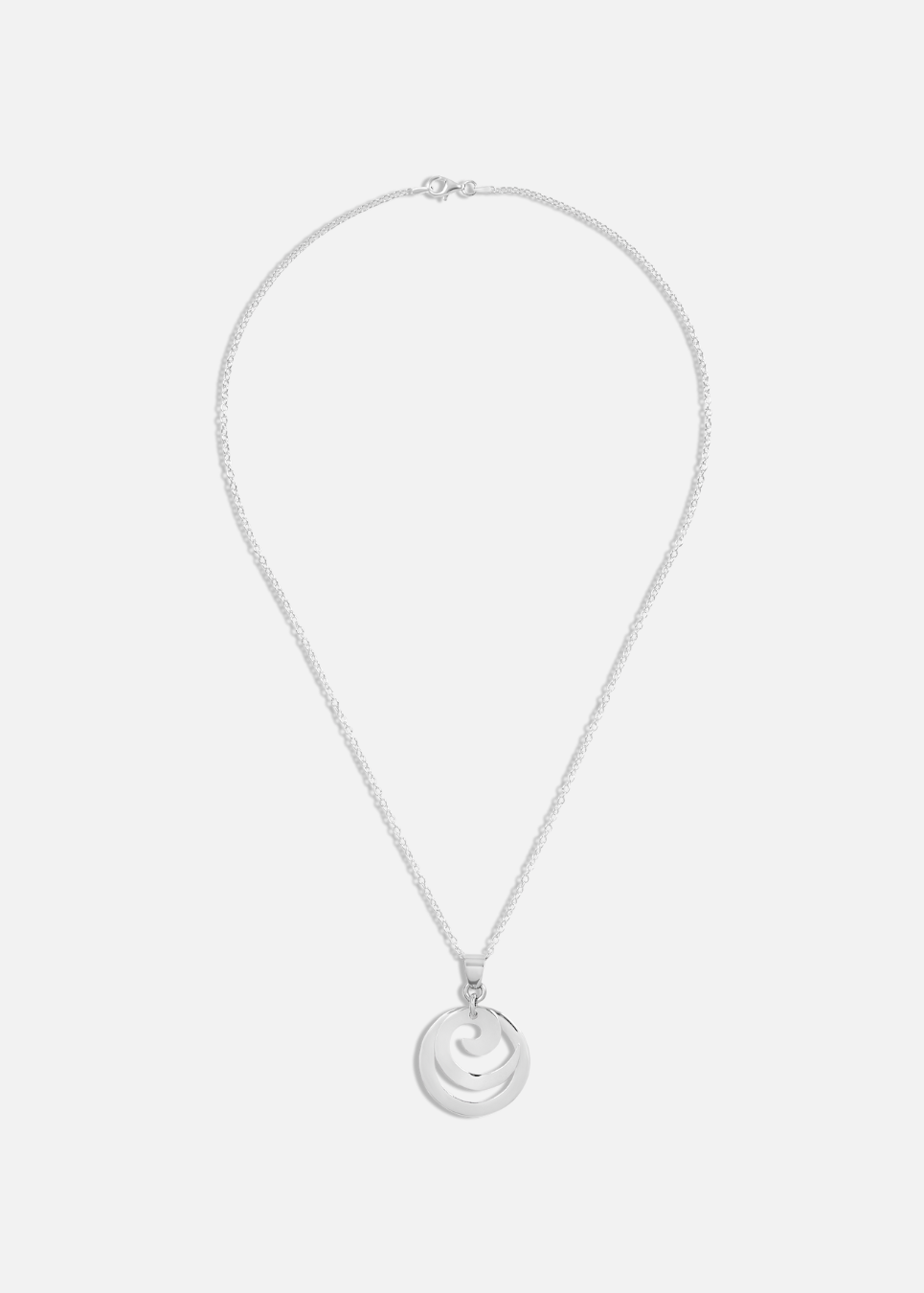 A silver spiral circle pendant necklace with a movable design on a chain, displayed against a white background.